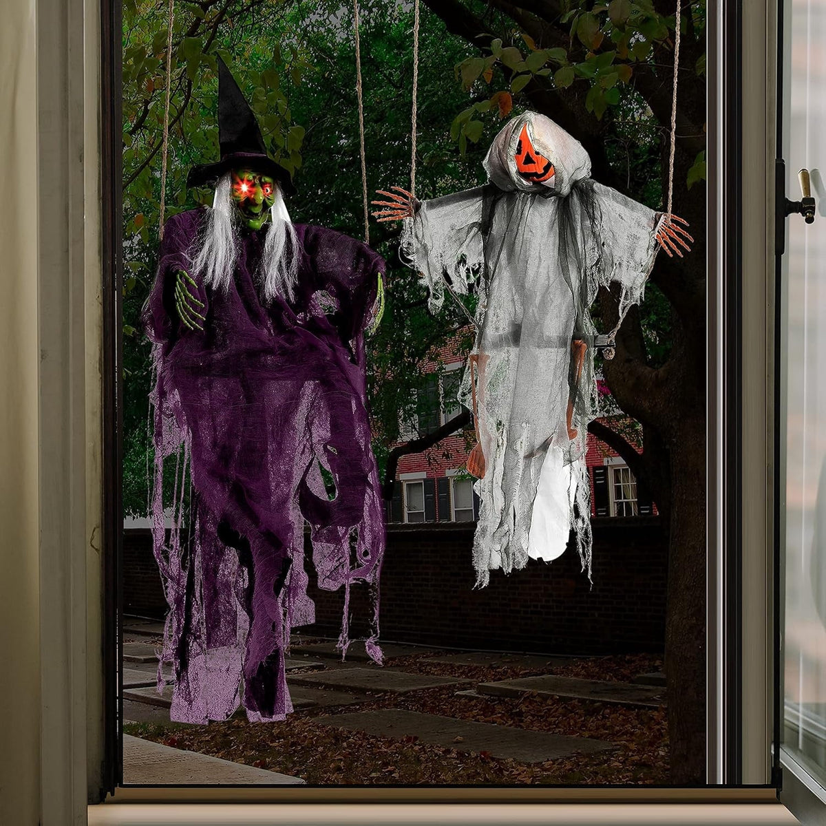 Joyfy 2 Packs Halloween Decorations Outdoor Hanging Ghosts, Light Up 3.9ft Witch and 3ft Pumpkin Face Creepy Decorations