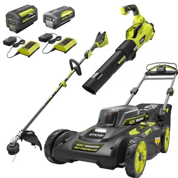 Ryobi 40V Brushless 20 in Self-Propelled Lawn Mower, Trimmer And Blower Kit With Dual Batteries And Chargers - RY401120-