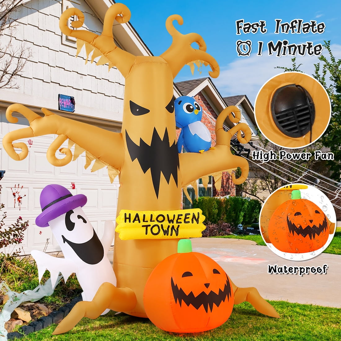 GOOSH Halloween Inflatables 8 FT Halloween Inflatable tree with Ghost Pumpkin and Owl, Halloween Dead Tree Decorations S