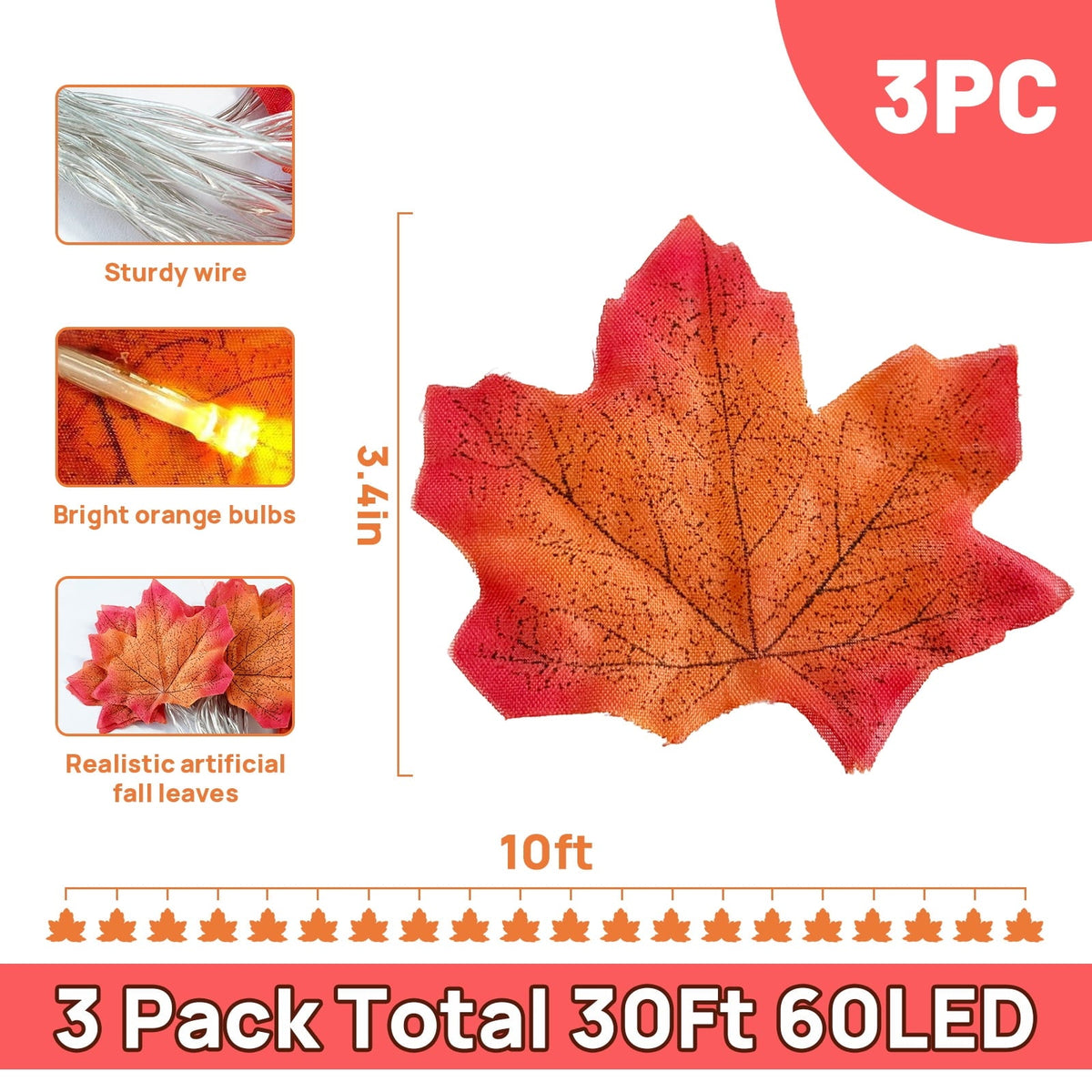 AGCAN 3 Pack Maple Leaf String Light, Total 60 LED 30Ft Artificial Fall Decor Leaf Light USB Operated Centerpiece Table