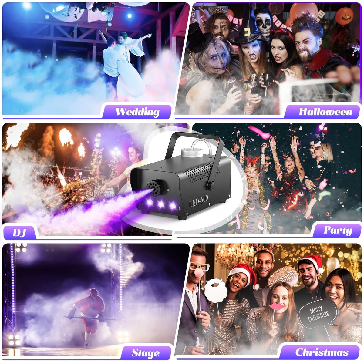 500W Fog Machine with RGB LED Lights, Remote Control, 3000CFM, 15 Lighting Effects for Wedding, DJ, Party, Concert, Hall