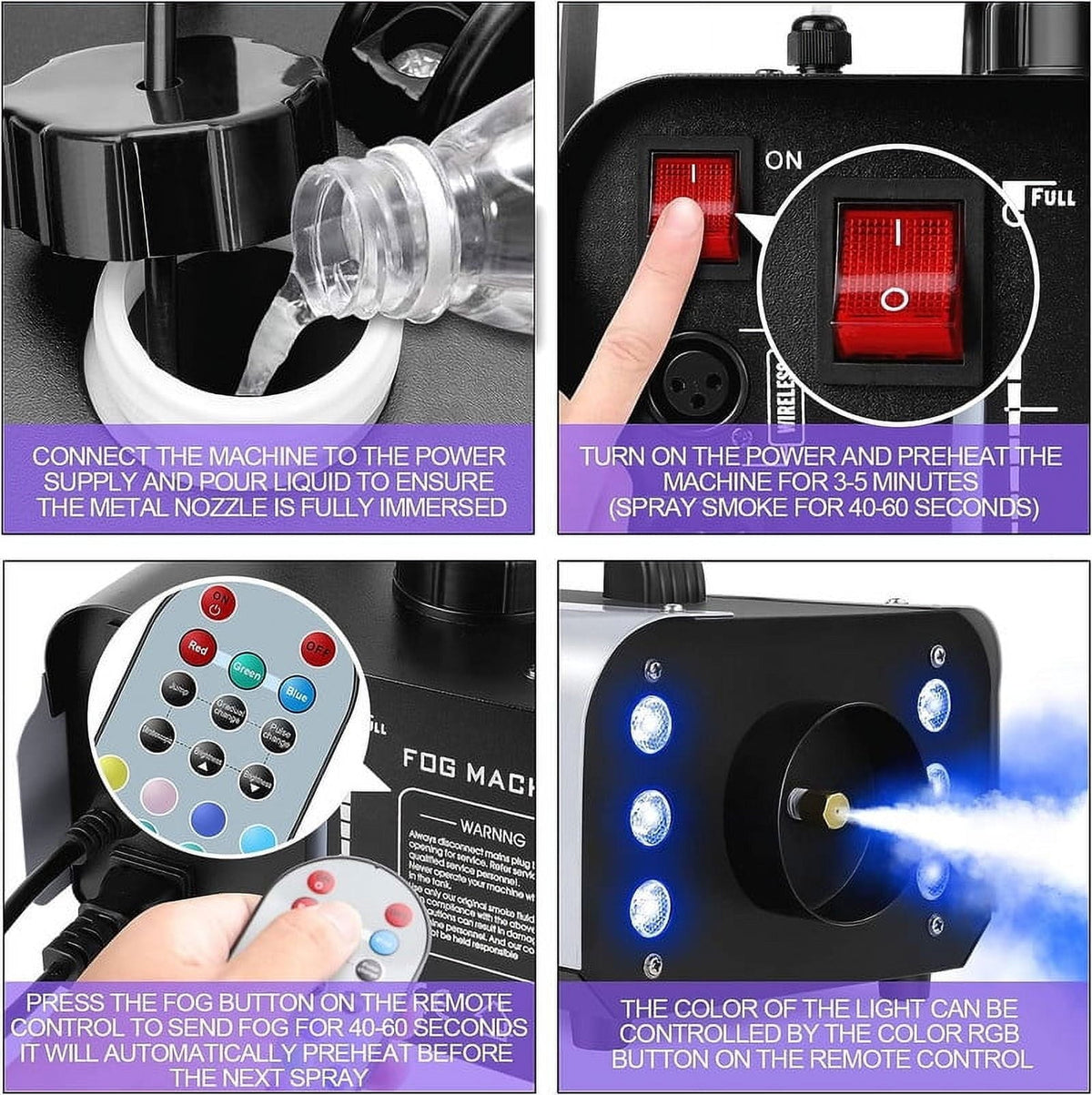 Fog Machine 1200W and 6000CFM Smoke Machine with Wireless Remote Control and 6 Colorful LED Lights for Christmas Thanksg