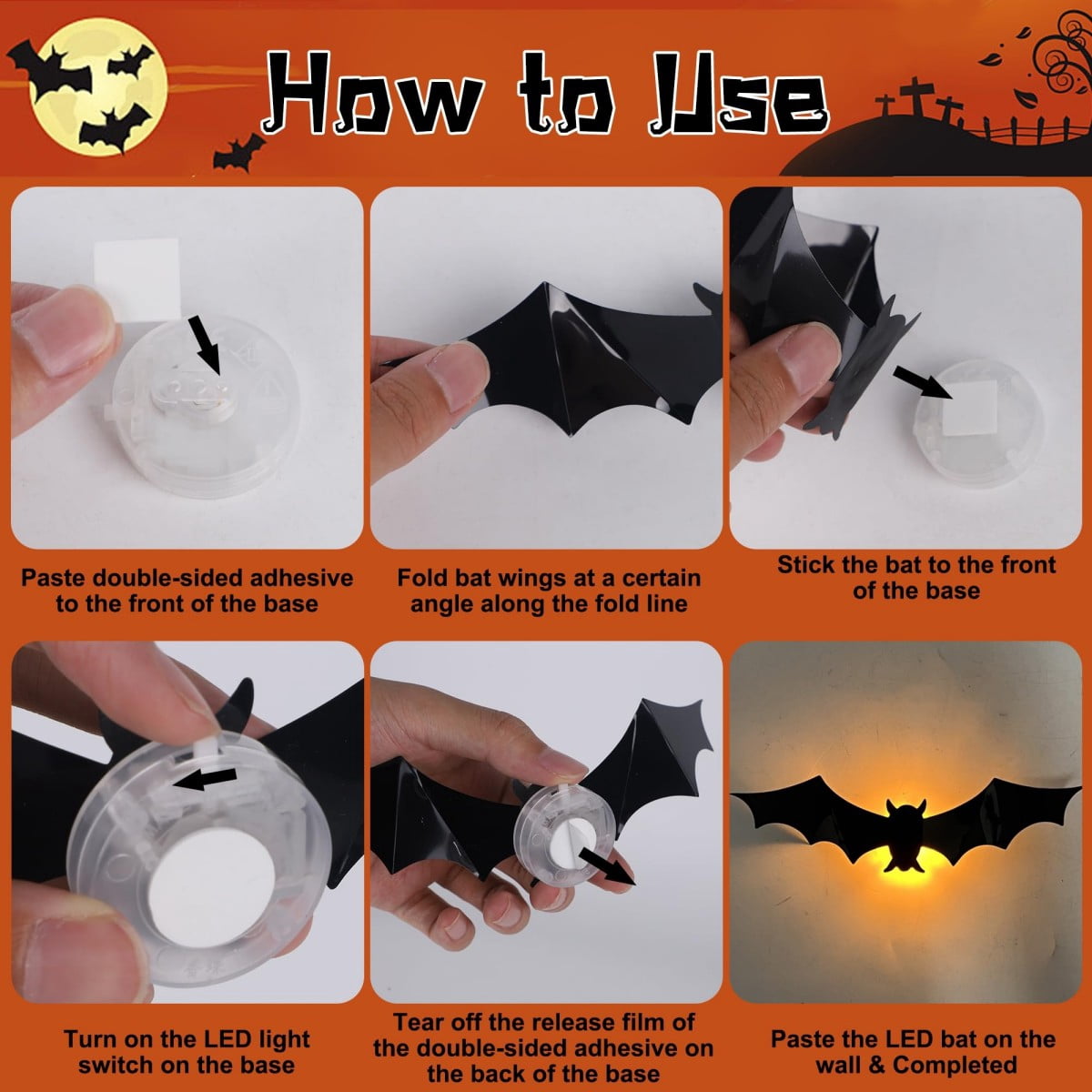 DUHKP 36 Pack Light Up Bats Halloween Decorations, Orange | 3D Stereoscopic Design, Removable Bat Wall Stickers, for Ind