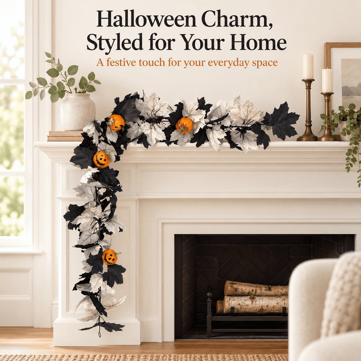 Halloween Pumpkin Garland - 68" Fall Leaf Decor for Mantle, Staircase & Porch, Outdoor/Indoor Autumn Thanksgiving Party
