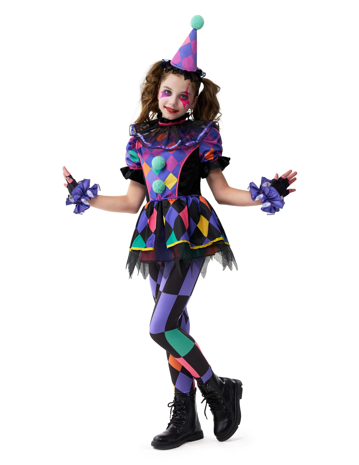Joyfy Girls Clown Costume, Halloween Scary Clown Costume, Dark Colorful Twisted Clown Jester Dress for Girls Halloween D
