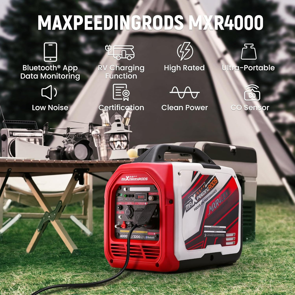 maXpeedingrods 4000 Peak Watt 3200 Running Watt Portable Gas Inverter Generator With Bluetooth App, RV Ready, CO Alarm -