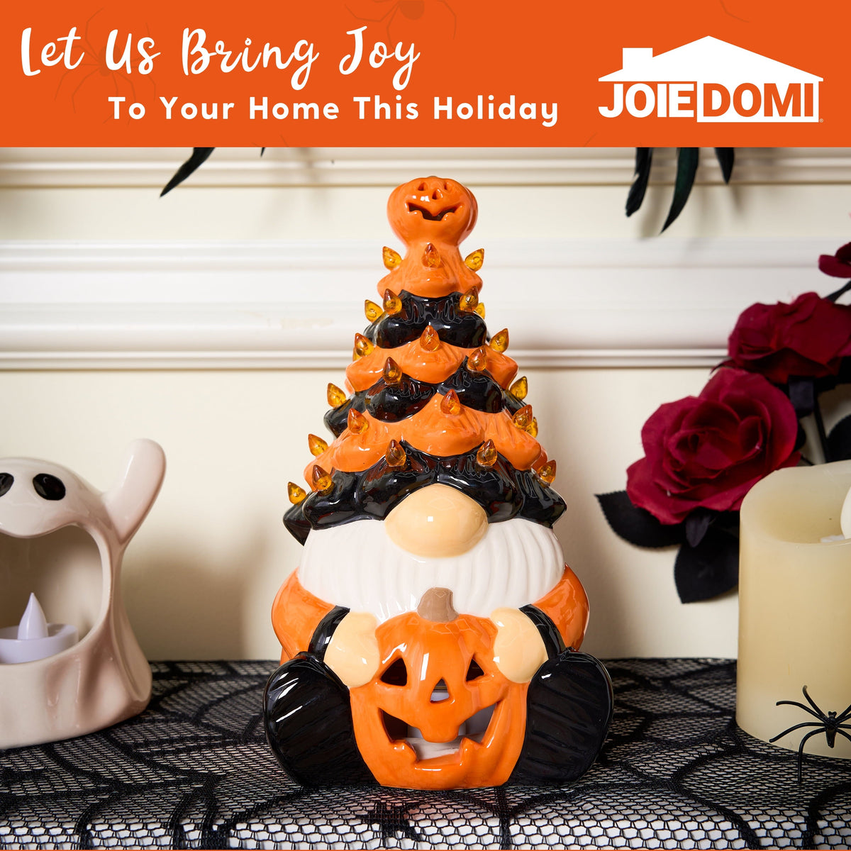 Joyfy 8.5 inch Halloween Decorations Ceramic Gnome Tree Decorations with Build-in LEDs, Light Up Pumpkin Table Decor Bed