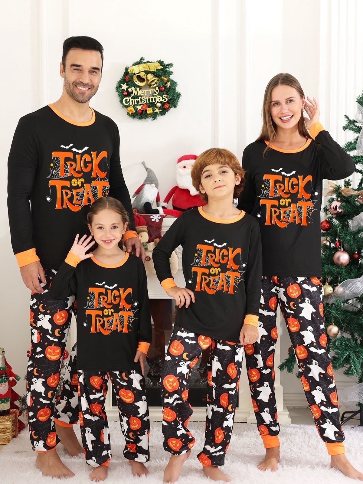 DAKIMOE Halloween Pajamas Family Matching Set Holiday Print Long Sleeve Jammies Loungewear PJs Set Sleepwear Adult Kids