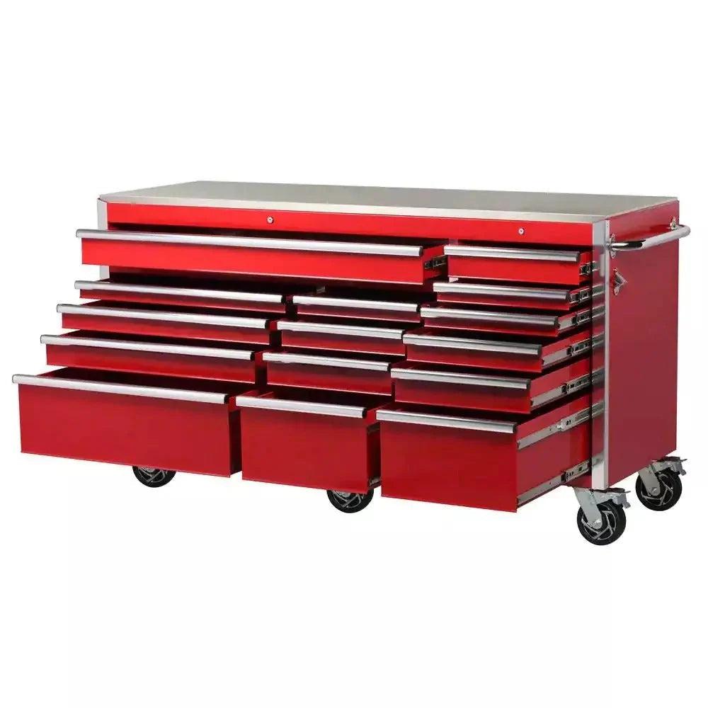 Heavy-Duty 72 in W x 24 in D 15-Drawer Mobile Workbench With Stainless Steel Top - Red