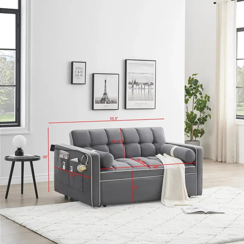 GNIXUU 3-in-1 Velvet Sleeper Sofa Bed With Adjustable Backrest And Storage - 55.5in W x 36in D x 30in H, 70in D x 45in W