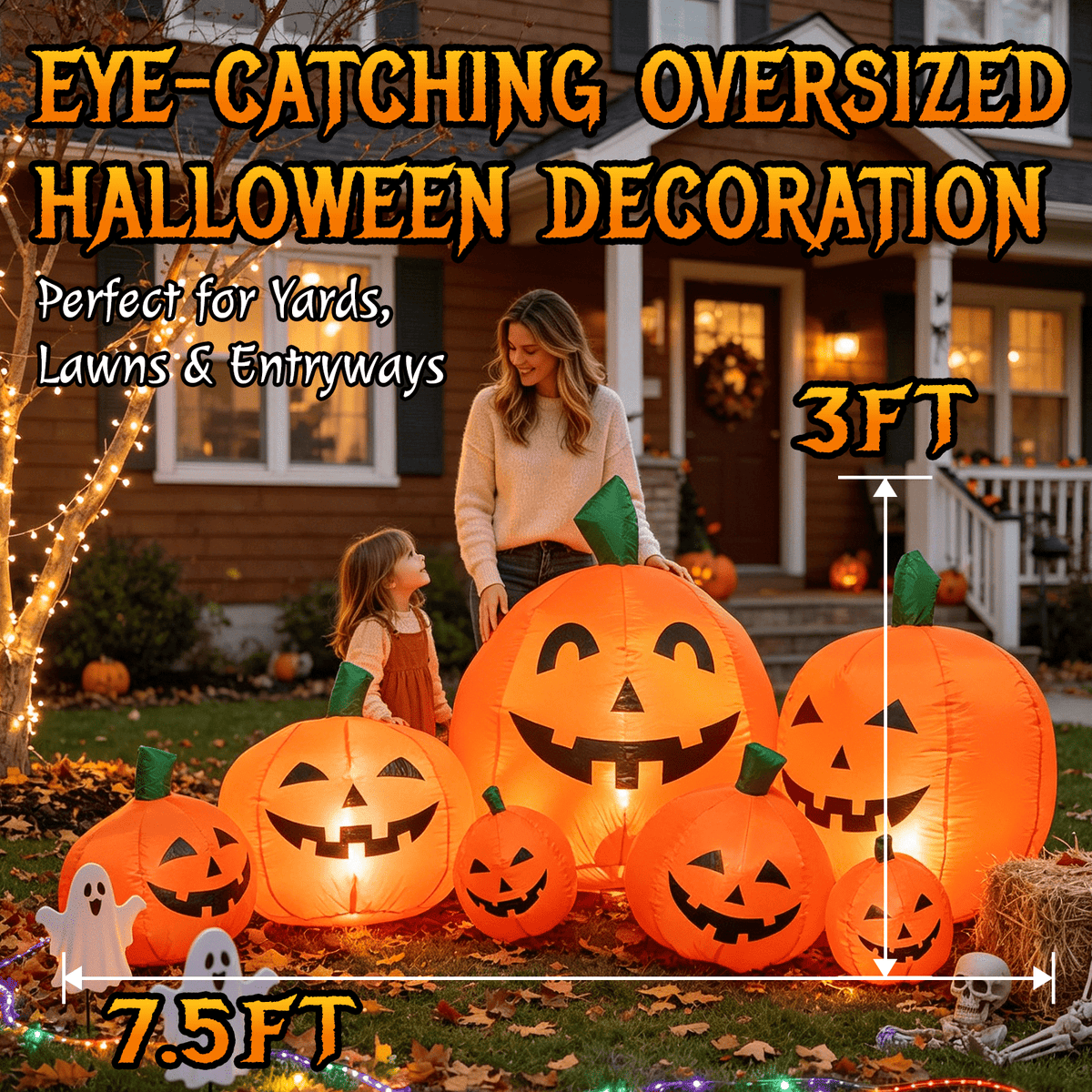 7.5 FT Long Halloween Inflatables Pumpkin Family Lighted,7 Pumpkins Blow Up Yard Decoration, Built-in LEDs, Stakes & Tet