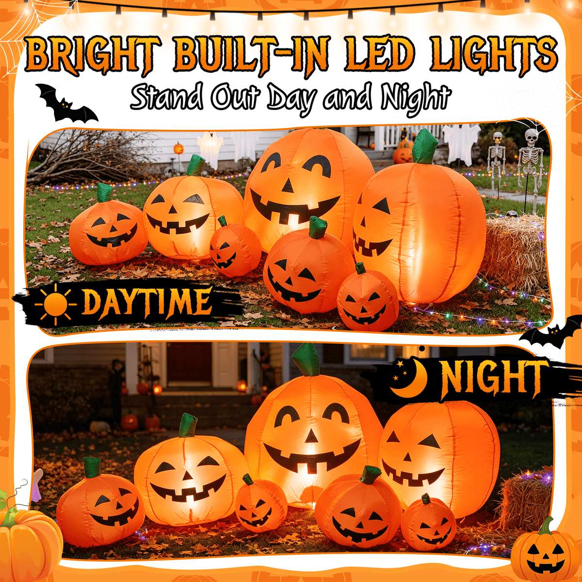 7.5 FT Long Halloween Inflatables Pumpkin Family Lighted,7 Pumpkins Blow Up Yard Decoration, Built-in LEDs, Stakes & Tet