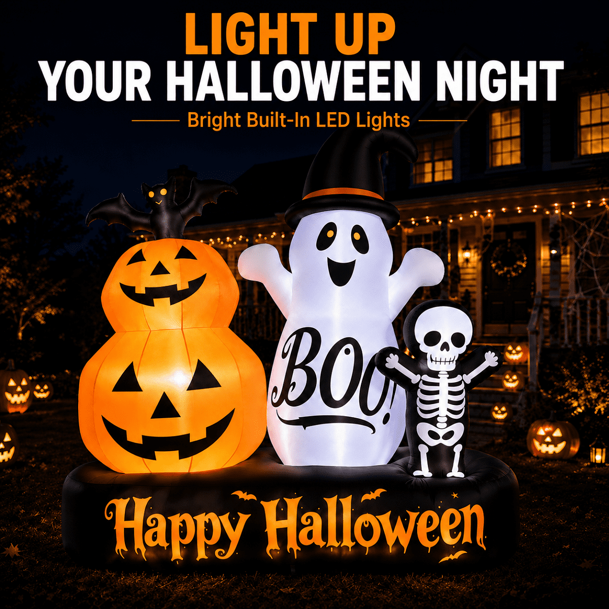 6ft Halloween Inflatable Outdoor Decorations, Lighted Pumpkin Ghost Skeleton with Bat, Built-in LED Lights, Blow Up Hall