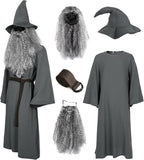 Deluxe 5 Pcs Wizard Costume for Adults Grey Wizard Robe with Wizards Hat, Belt, Wig & Beard Halloween Costumes For Men