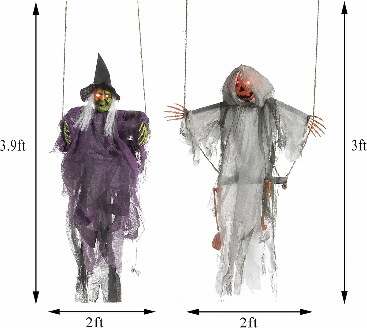Joyfy 2 Packs Halloween Decorations Outdoor Hanging Ghosts, Light Up 3.9ft Witch and 3ft Pumpkin Face Creepy Decorations