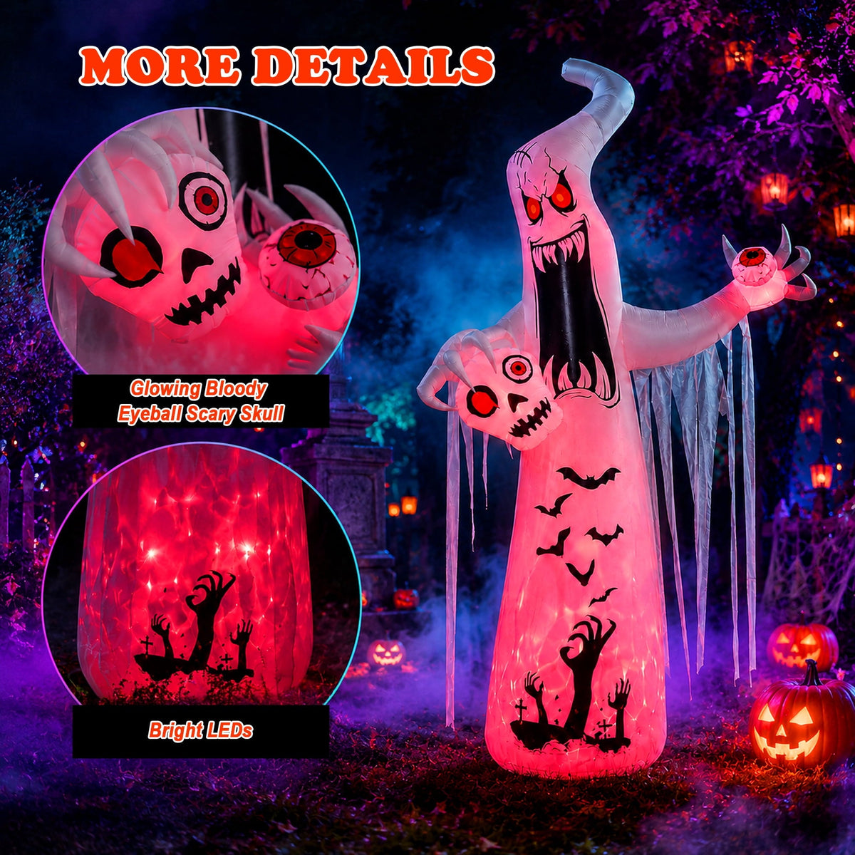Faburo 12 ft Halloween Inflatable Ghost with Skull and Bleeding Eyeball, Outdoor Blow Up Yard Decoration for Party and G