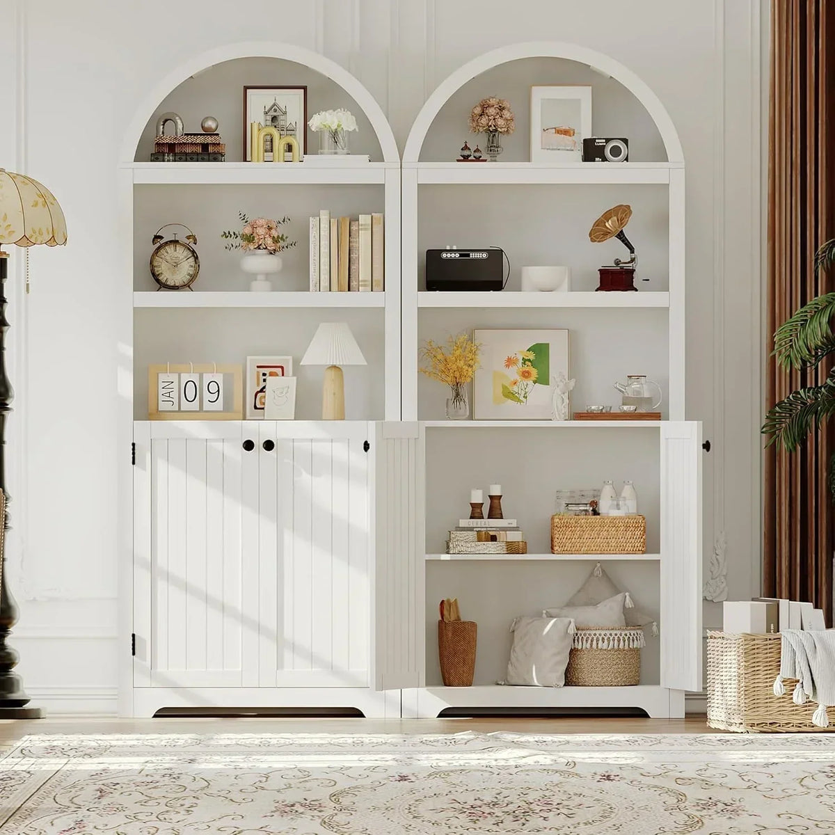 72in Tall Farmhouse 5-Tier Arched Bookcase With Double Doors And Adjustable Shelf