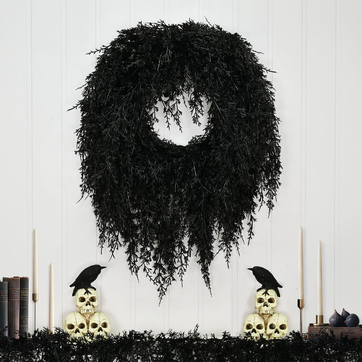 My Texas House Halloween Drapey Faux Cedar Wreath, Black, 24"