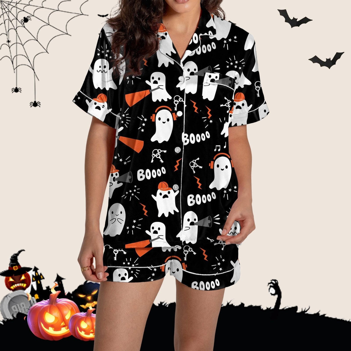 ChenYiFH Halloween Pajama Sets For Women 2 Piece Pumpkin Print Shirts And Pajamas Shorts Button Down Short Sleeve Sleepw