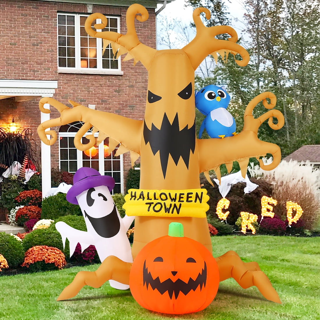 GOOSH Halloween Inflatables 8 FT Halloween Inflatable tree with Ghost Pumpkin and Owl, Halloween Dead Tree Decorations S