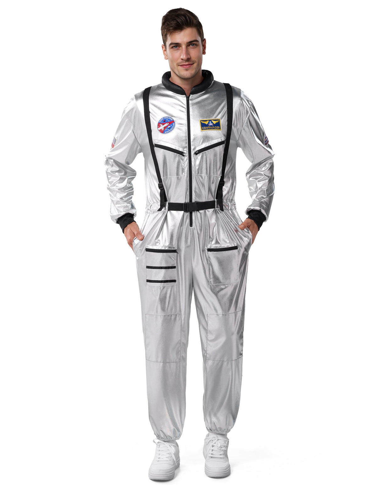 Joyfy Adult Men Astronaut Costume Halloween Spaceman Costume Silver Space Suit Spaceman Jumpsuit Pilot Outfit for Hallow