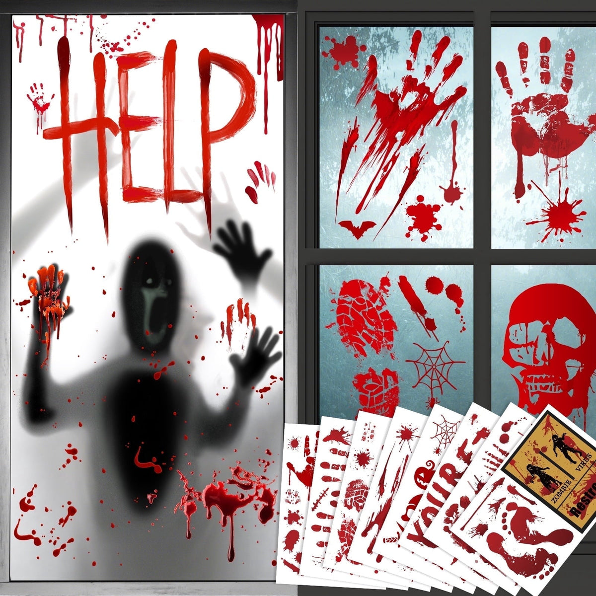 Toodour Halloween Bloody Window Clings Posters, Bloody Handprint Sticker Party Decoration for Haunted House Door Creepy