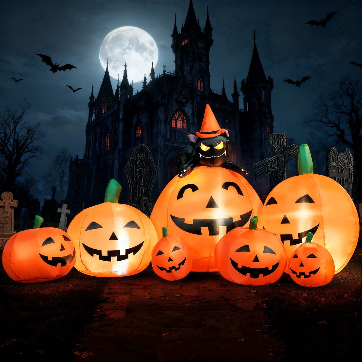 Joyfy 7 ft Halloween Inflatable Long Pumpkin with Witch's Cat Decorations Inflatables with Build-in LEDs, Halloween Deco