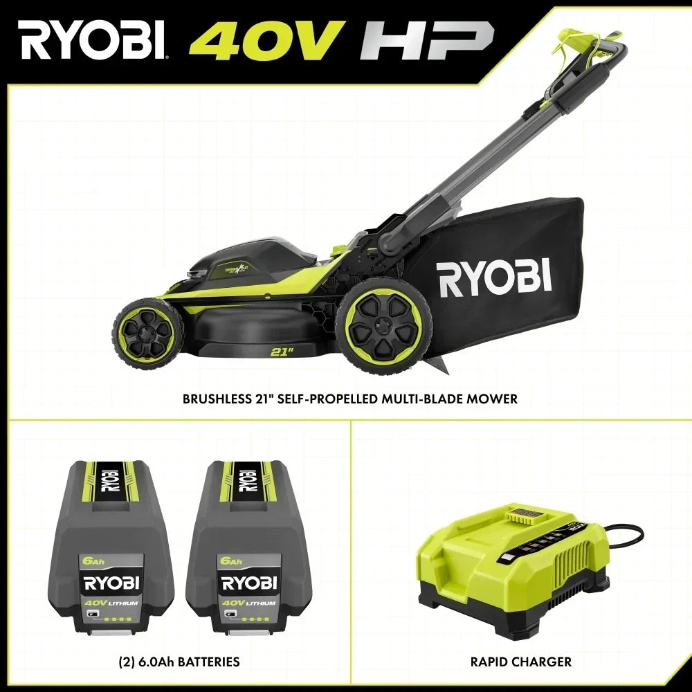 RYOBI 40V HP Brushless 21" Walk Behind Self-Propelled Lawn Mower w/ (2) 6.0Ah Batteries and Charger