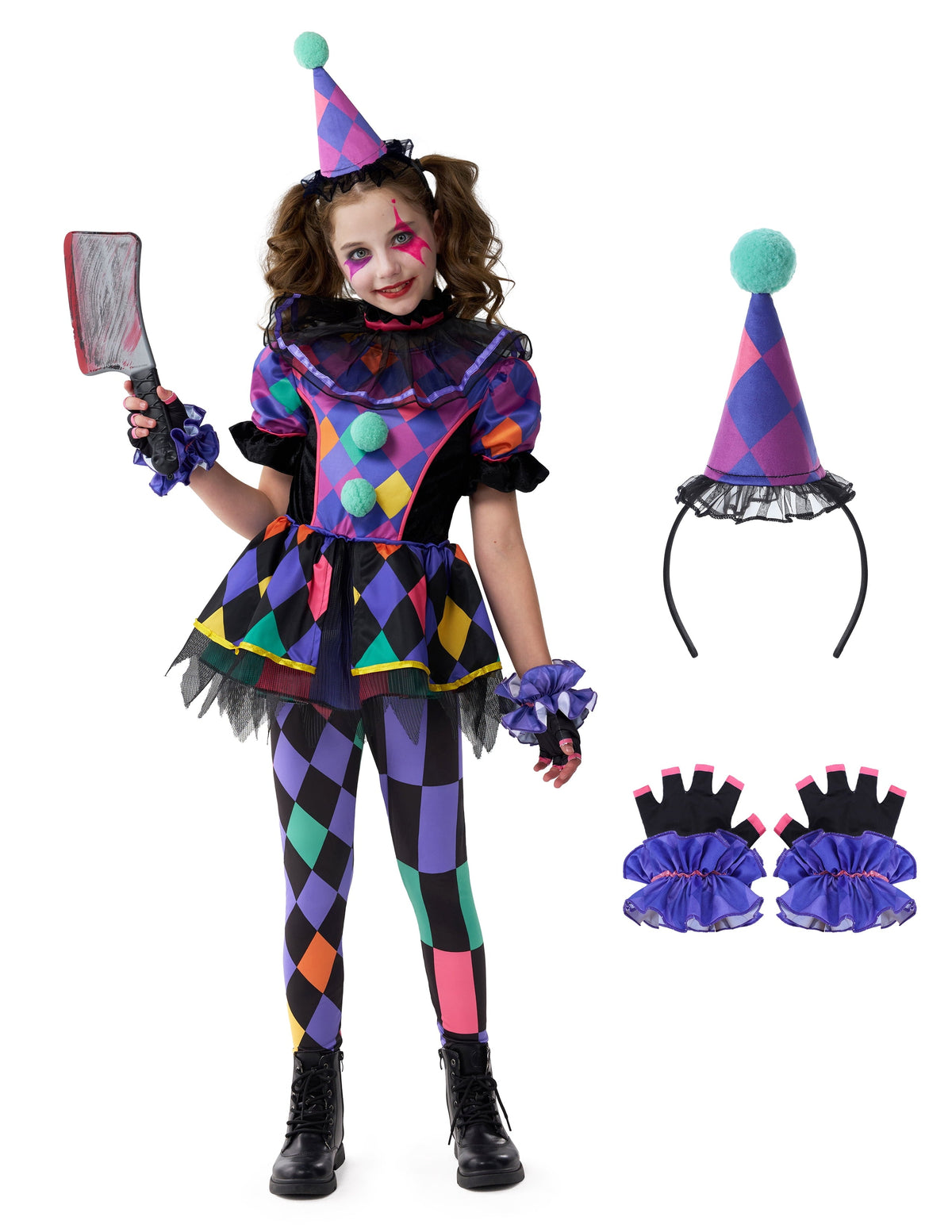 Joyfy Girls Clown Costume, Halloween Scary Clown Costume, Dark Colorful Twisted Clown Jester Dress for Girls Halloween D
