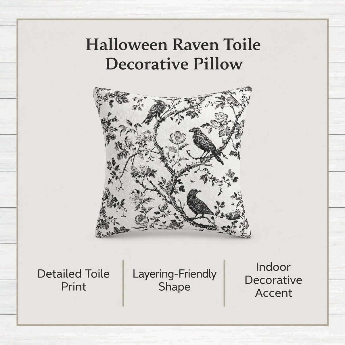 My Texas House Halloween Raven Toile Decorative Pillow, Ivory and Black, 20" x 20"