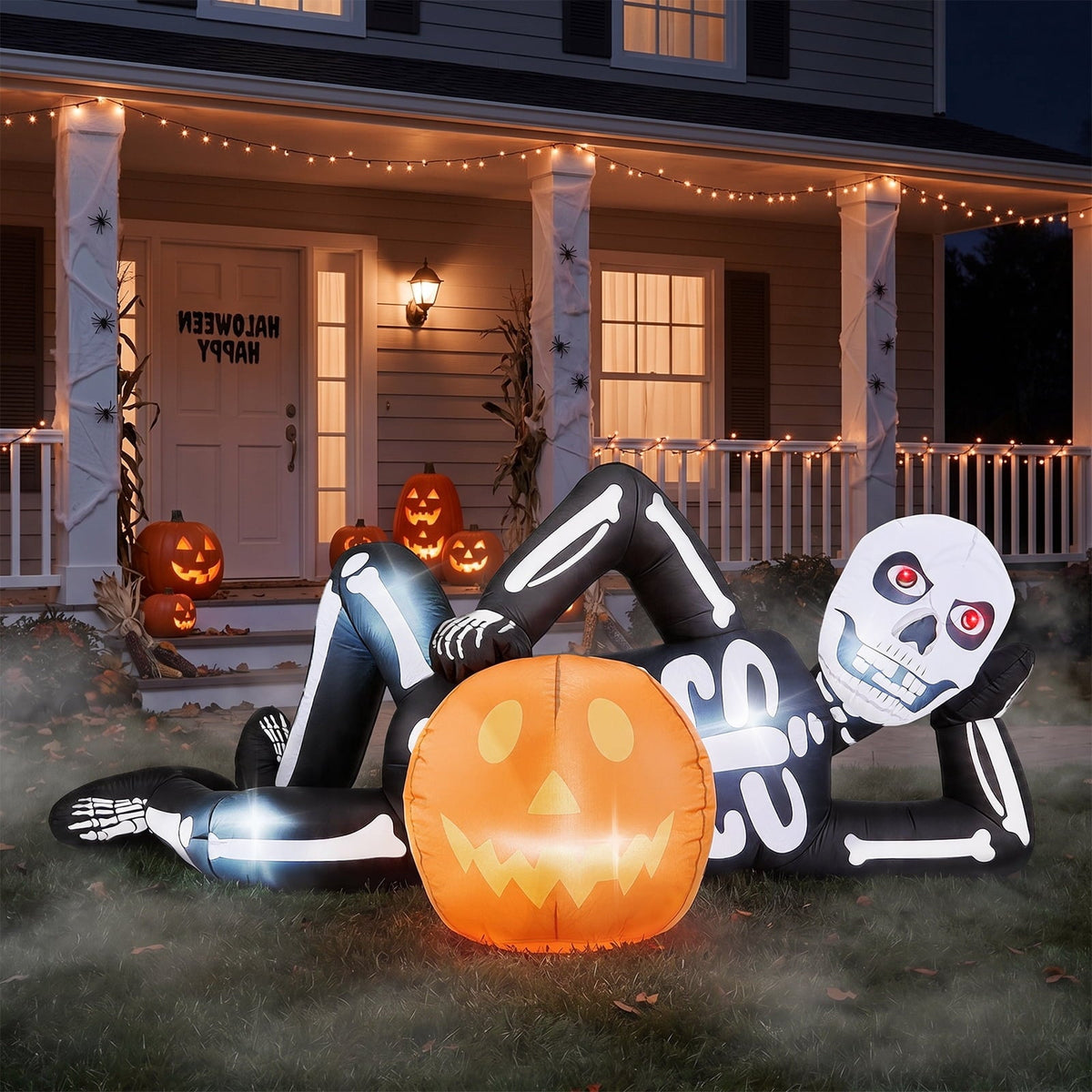 Ktaxon 7' Halloween Inflatables Skeleton Outdoor Halloween Decoration Reclining Skeleton with Pumpkin,Built-In LED Light