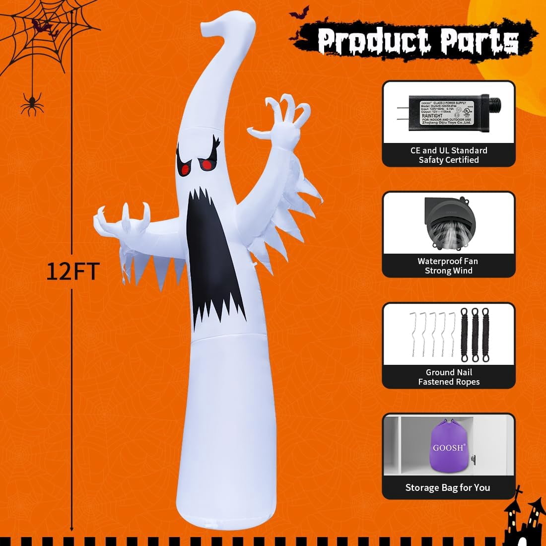 GOOSH 12 FT Height Halloween Inflatable Outdoor Colorful Dimming Ghost, Blow Up Yard Decoration with LED Lights Built-in