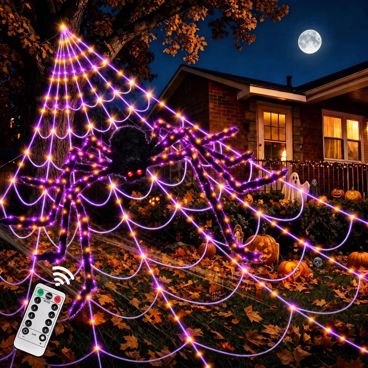 Leyaron Halloween Decorations Outdoor, 350 LED Halloween Spider Web String Lights with 79" Lighted Spider for Outdoor Ga