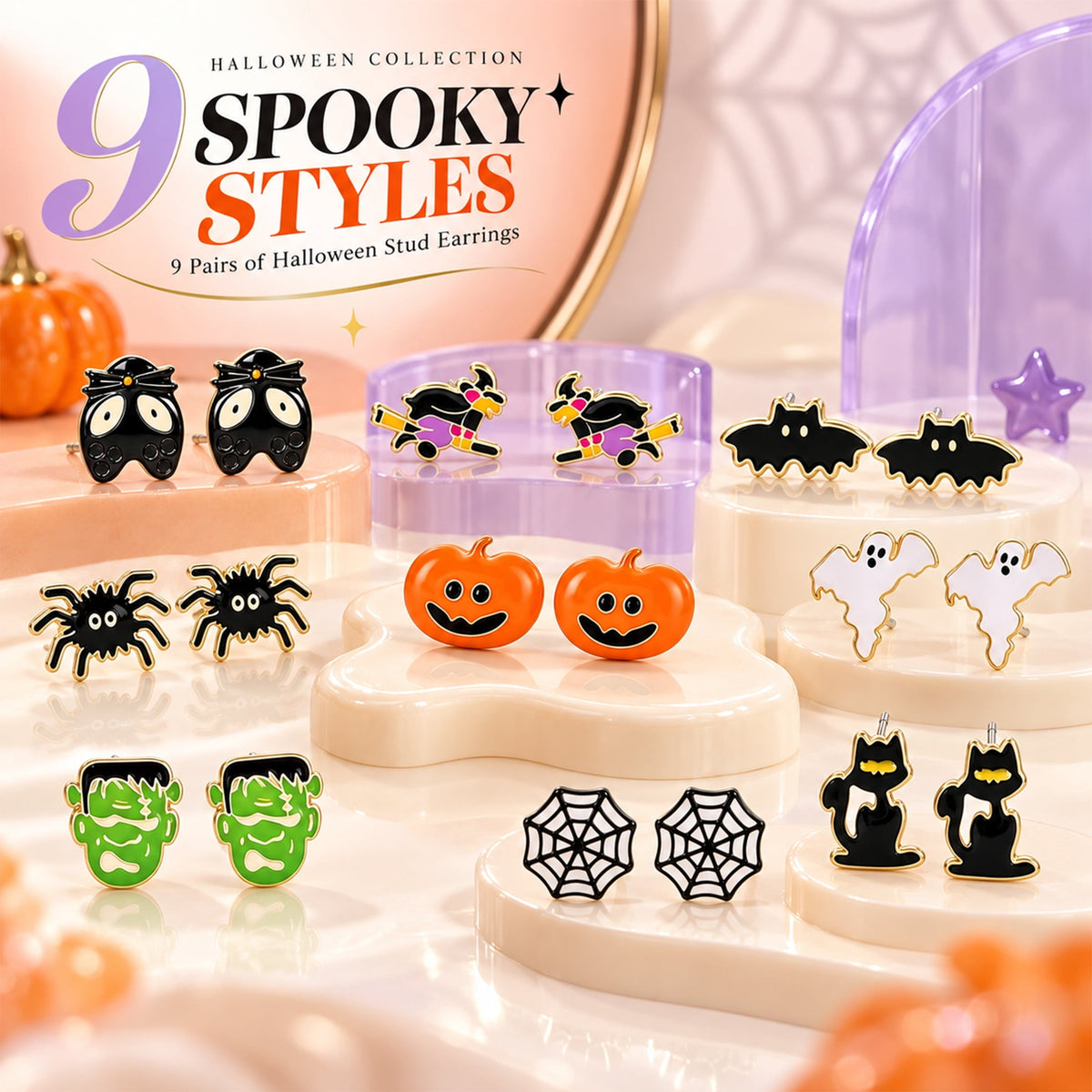 9 Pairs Halloween Earrings Studs- Pumpkin Spider Web Ghost Bat Dangle Earrings for Women, Halloween Outfits Accessories,