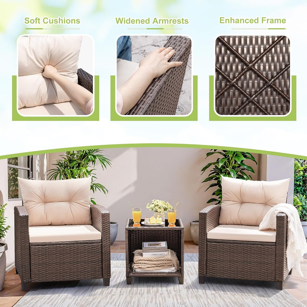 Devoko 3-Piece PE Rattan Patio Furniture Set With 2 Outdoor Chairs And Table, Brown - 26.8 x 25.2 x 29.5 inches