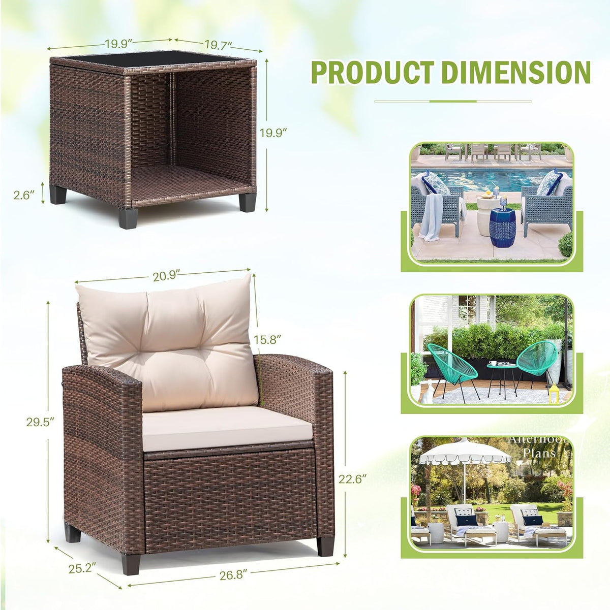 Devoko 3-Piece PE Rattan Patio Furniture Set With 2 Outdoor Chairs And Table, Brown - 26.8 x 25.2 x 29.5 inches