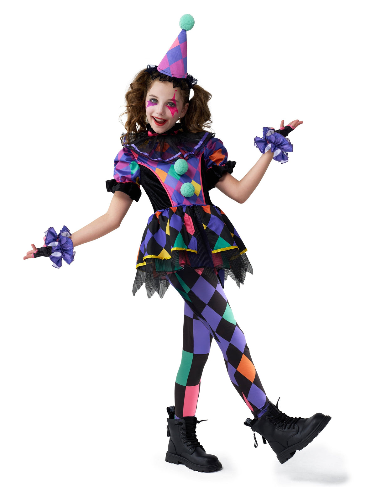 Joyfy Girls Clown Costume, Halloween Scary Clown Costume, Dark Colorful Twisted Clown Jester Dress for Girls Halloween D