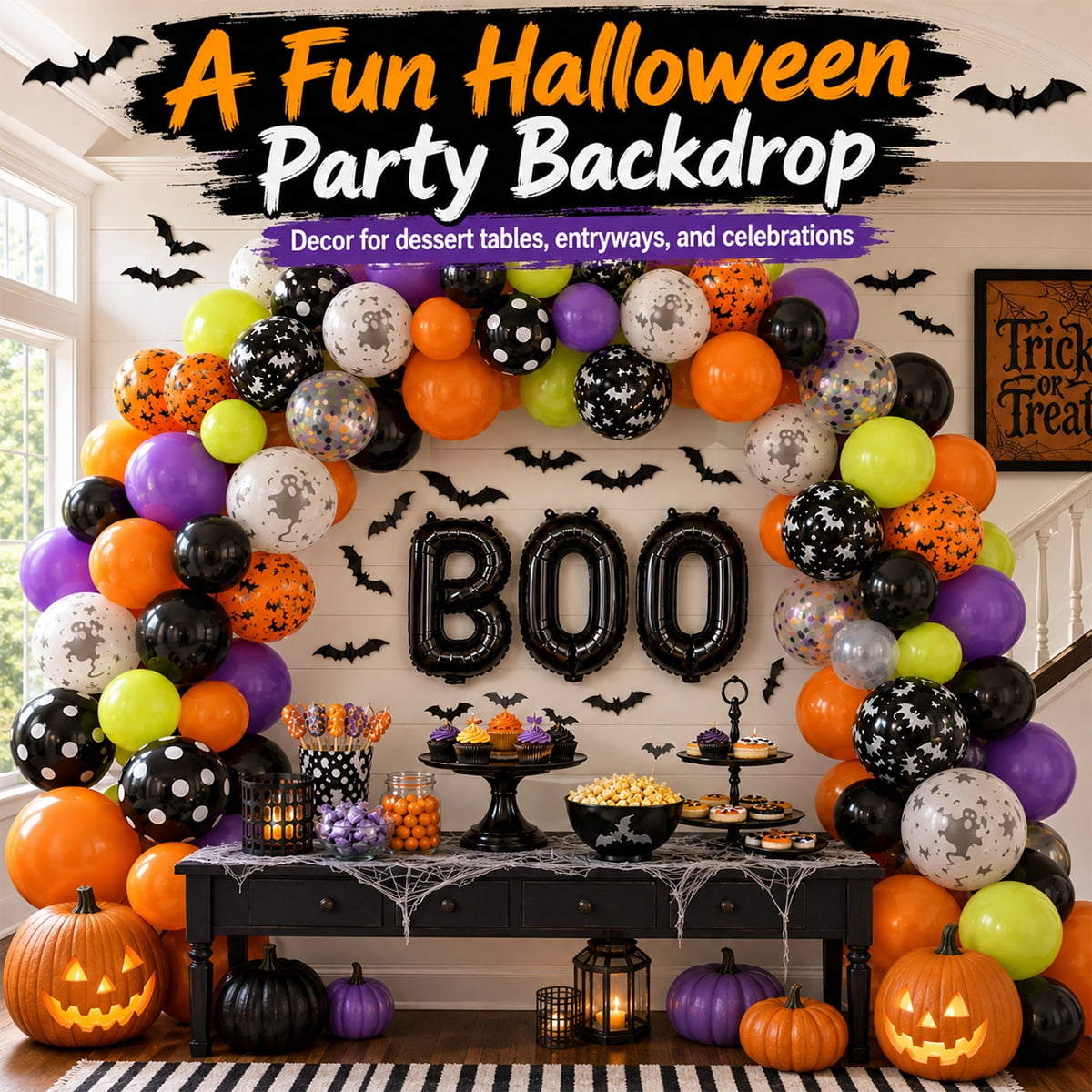 Halloween Balloons, Latex Arch Garland Kit With BOO Foil Confetti Balloons Bat Decoration Set for Halloween Party Decora