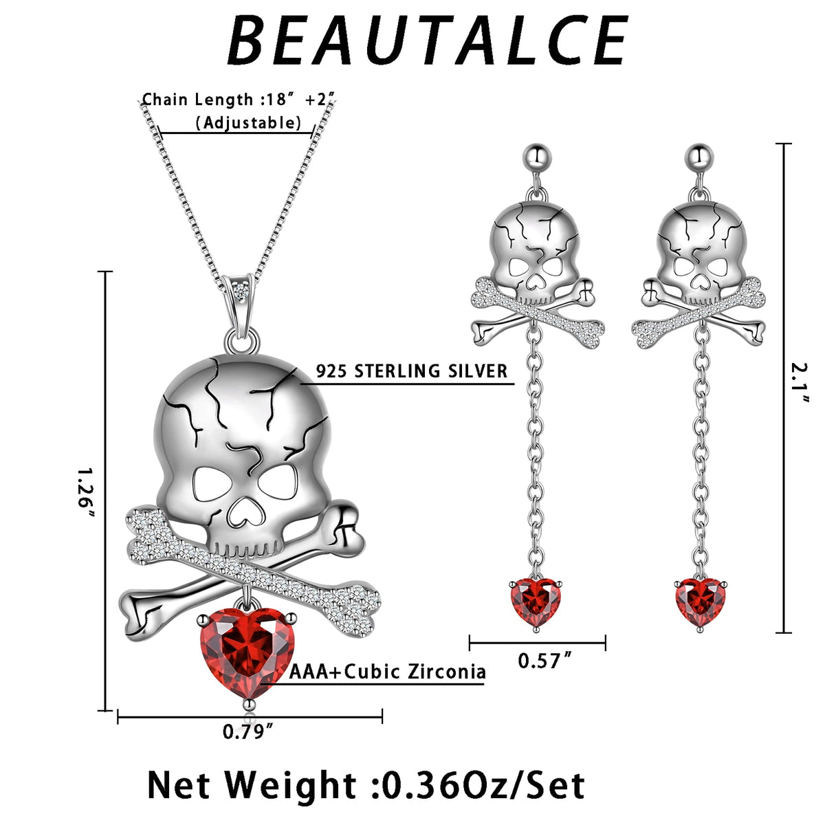 Beautlace 925 Sterling Silver Skull Jewelry Set, Halloween Skeleton Skull Pendant Necklace/Drop Dangle Earrings Gothic V