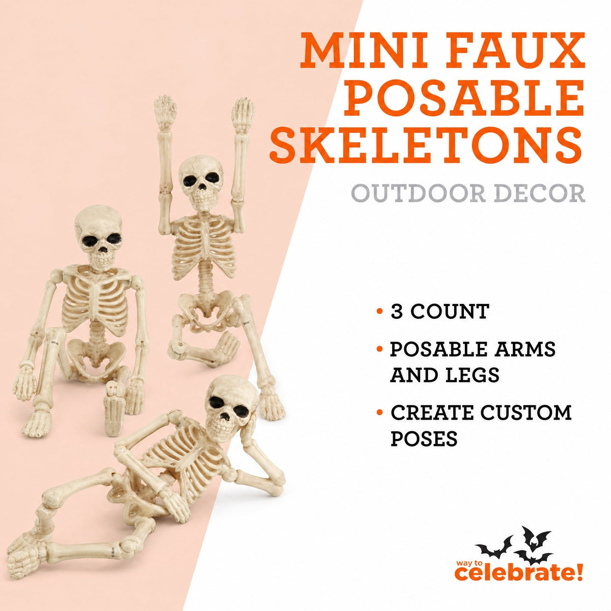 Mini Faux Posable Skeletons, 8", 3 Count, Halloween by Way To Celebrate
