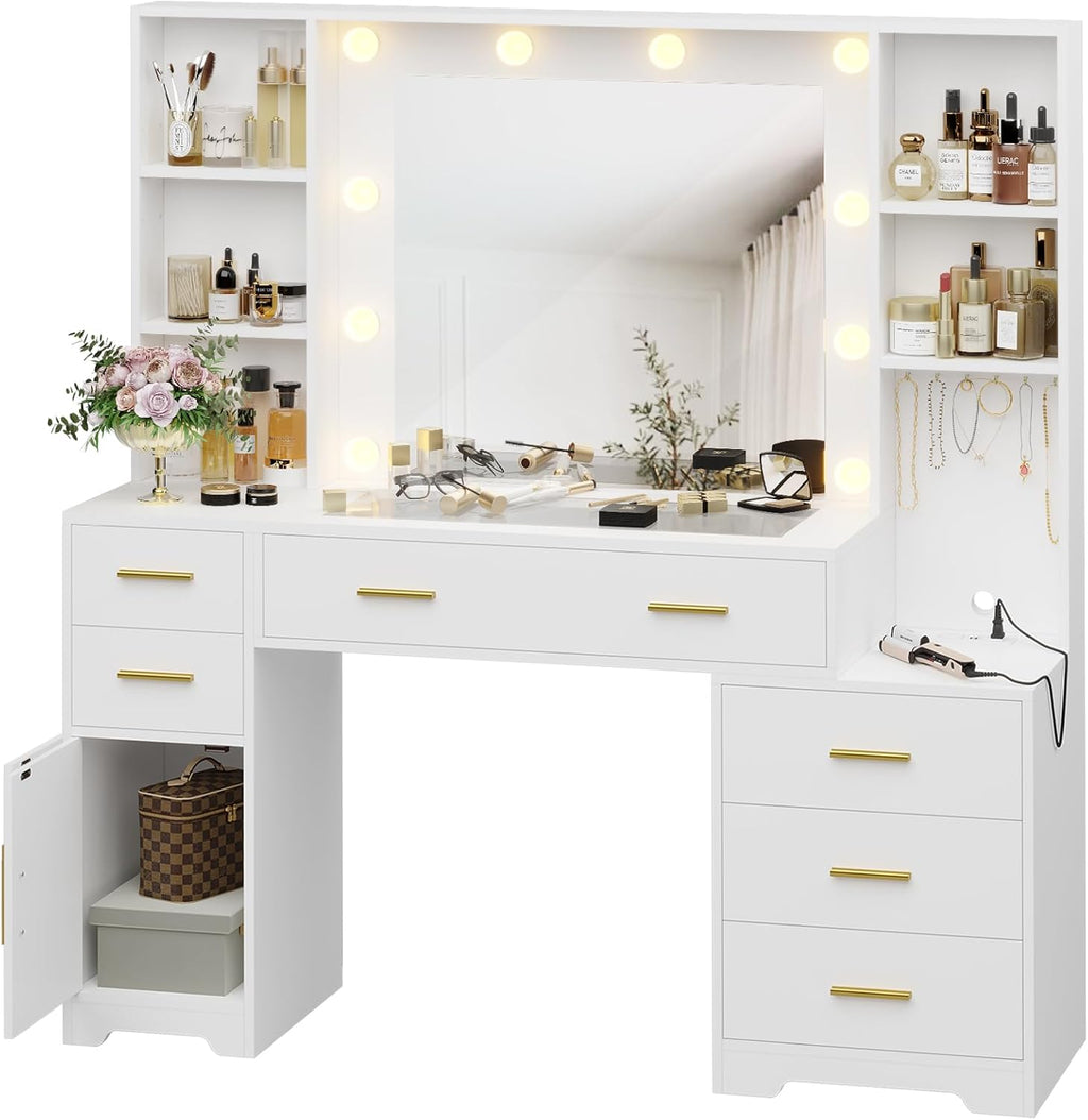 Hasuit Vanity Desk With Lighted Mirror, 48.8 in, White, 6 Drawers, 4 Shelves, 1 Storage Cabinet