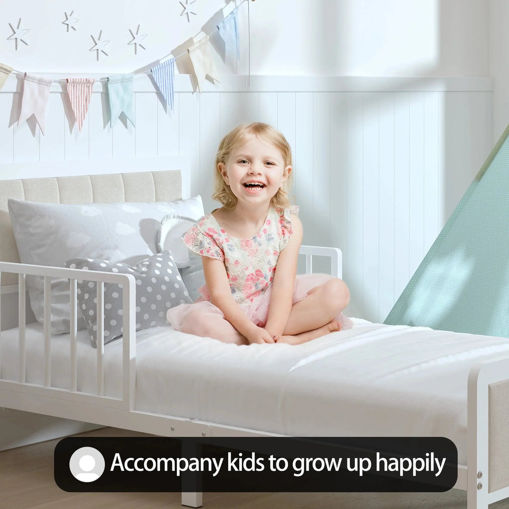 Yoneston Toddler Metal Platform Bed Frame With Guardrails And Upholstered Headboard - White