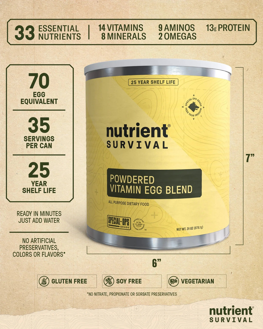 Nutrient Survival Vitamin Powdered Egg Blend, 70 Egg Equivalent, 33 Nutrients, Gluten Free, Up To 25 Year Shelf Life