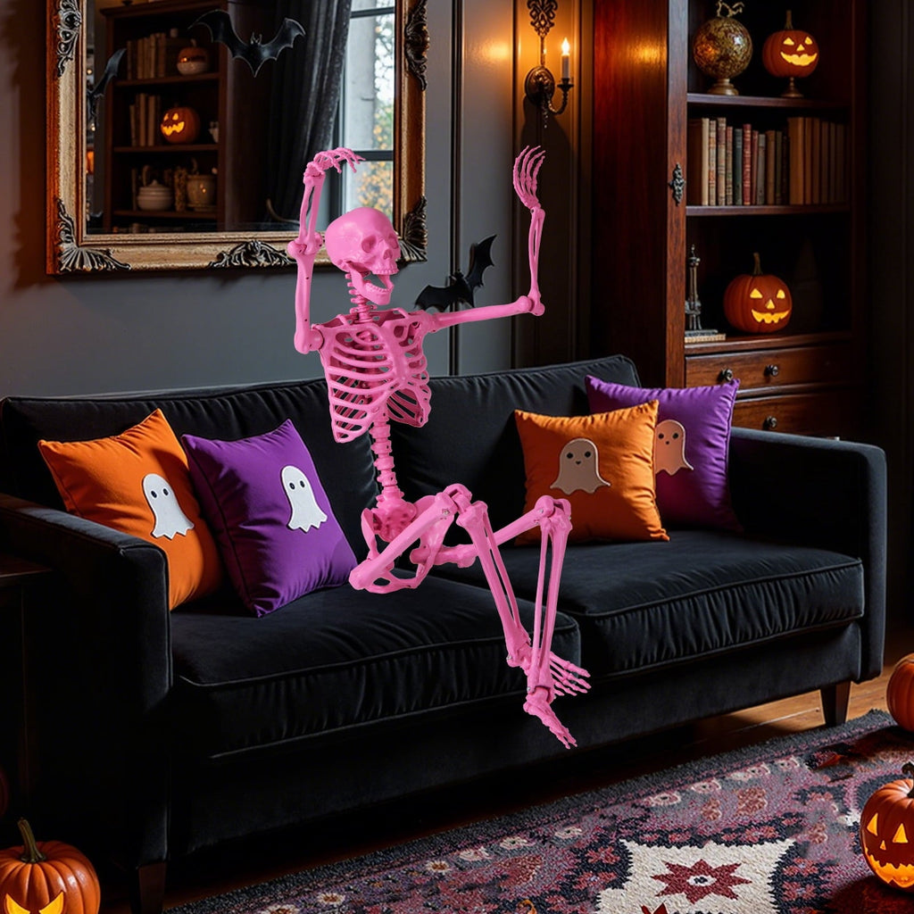 Costway 5.5 FT Poseable Halloween Skeleton Life-Size Decoration with Movable Joints Pink