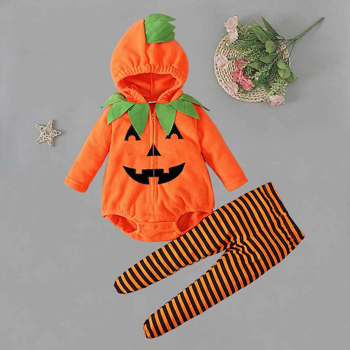 Newborn Infant Cute Jack-O-Lantern Costume Halloween Bodysuit and Striped Leggings Set Fall Holiday Fancy Dress Up Outfi