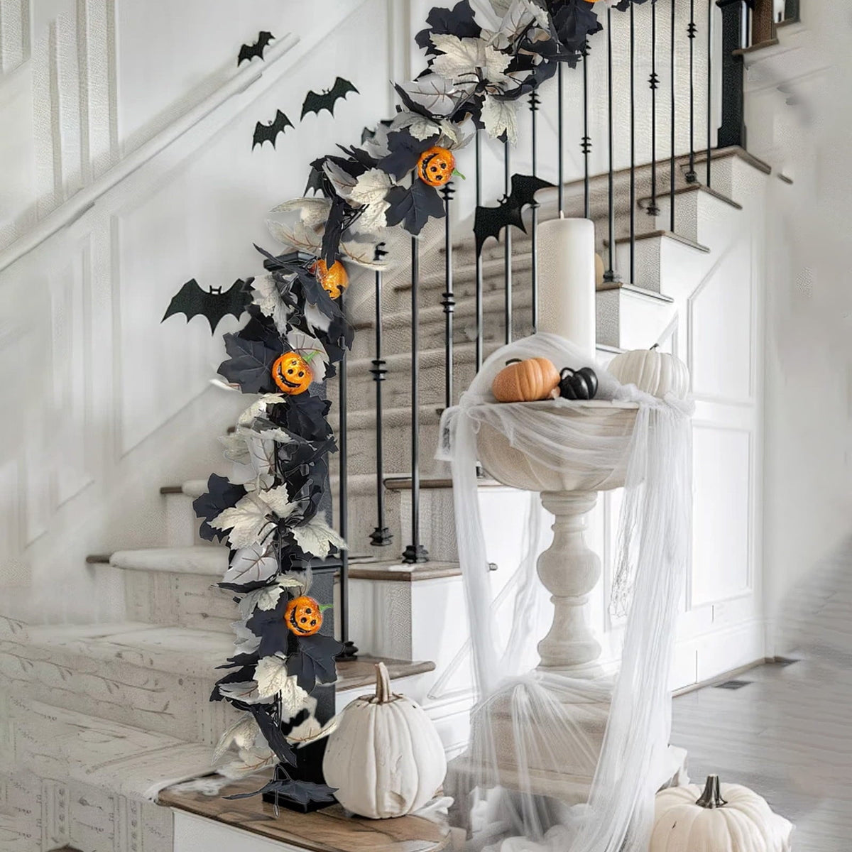 Halloween Pumpkin Garland - 68" Fall Leaf Decor for Mantle, Staircase & Porch, Outdoor/Indoor Autumn Thanksgiving Party