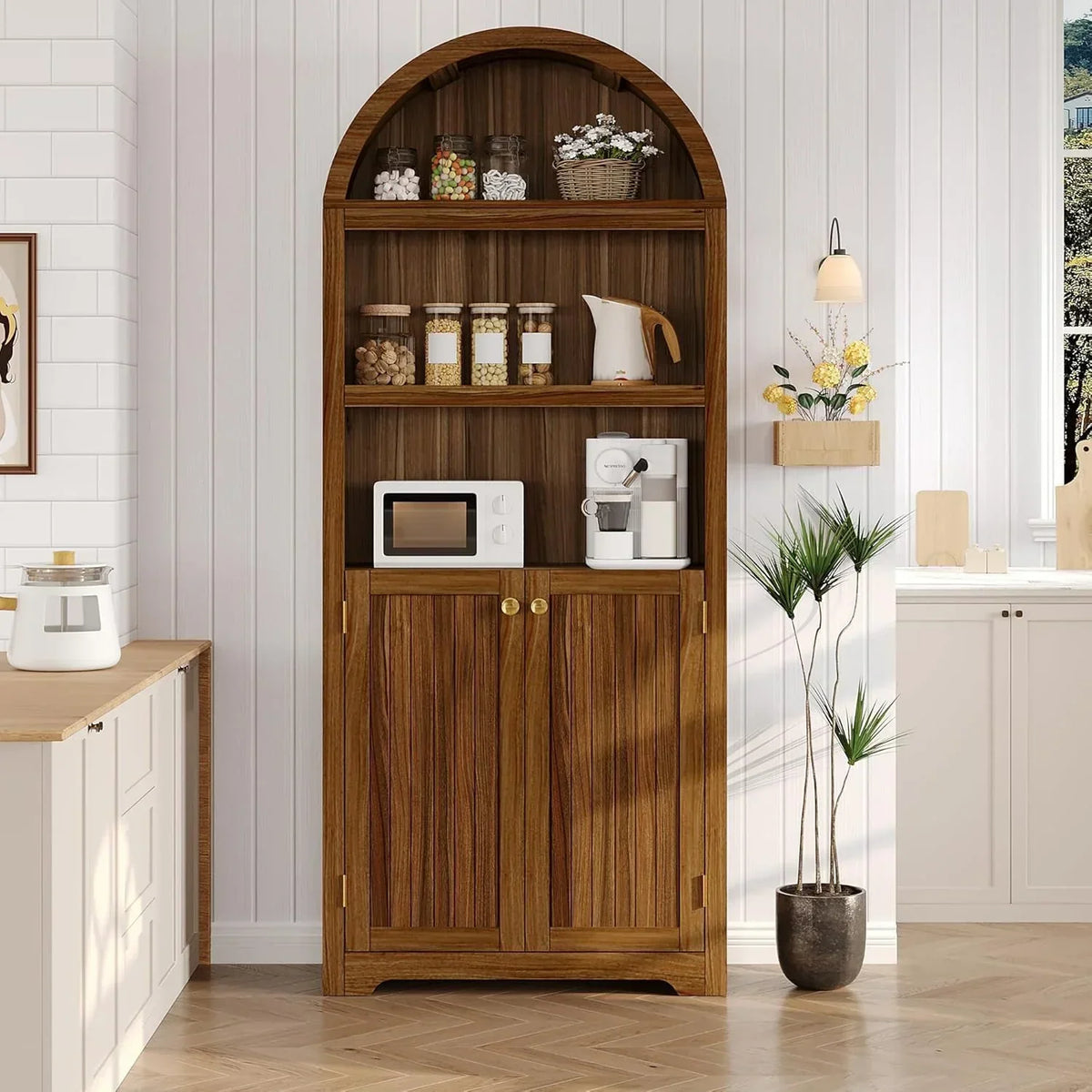 72in Tall Farmhouse 5-Tier Arched Bookcase With Double Doors And Adjustable Shelf
