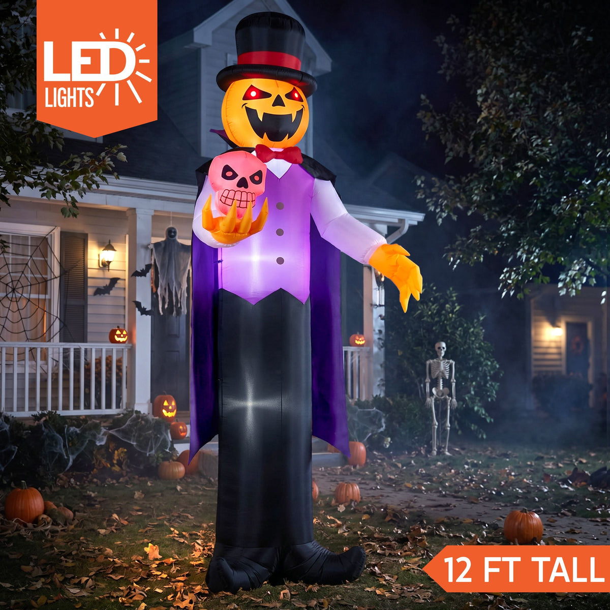 Joyfy 12 ft Giant Halloween Inflatable Pumpkin Ghost Vampire with Skull Decoration with Built-in LEDs, Ghost Halloween D
