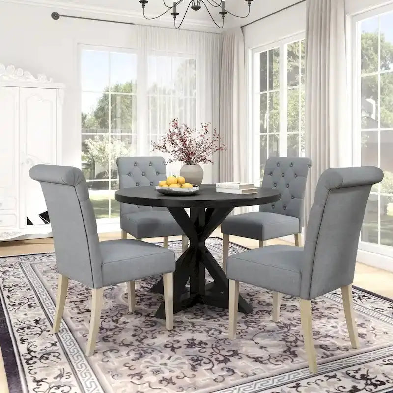 Rustic Wooden 5-Piece Dining Set With Round Cross-Buck Pedestal Table And 4 Tufted Upholstered Chairs - 47.25 x 47.25 x