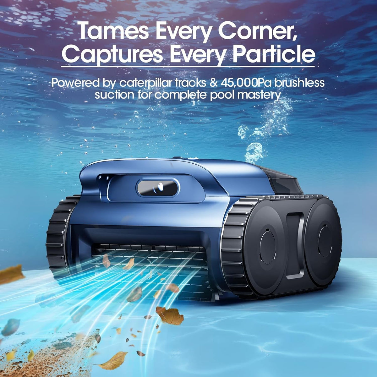 Cordless Robotic Pool Vacuum Cleaner With Track Drive, Sonar Navigation, 180W Brushless Motor, 150-Min Runtime, Dark Blu